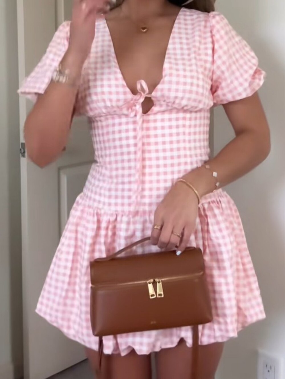 Lumiere Pink Gingham Tie-Back Bubble Dress, Medium